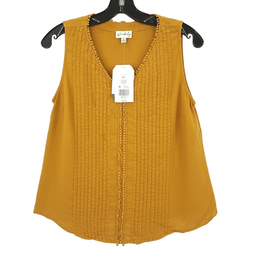 Wonderly Linen Blend Pleated Sleeveless V Neck Tank Top Size XS Burnt Gold NEW